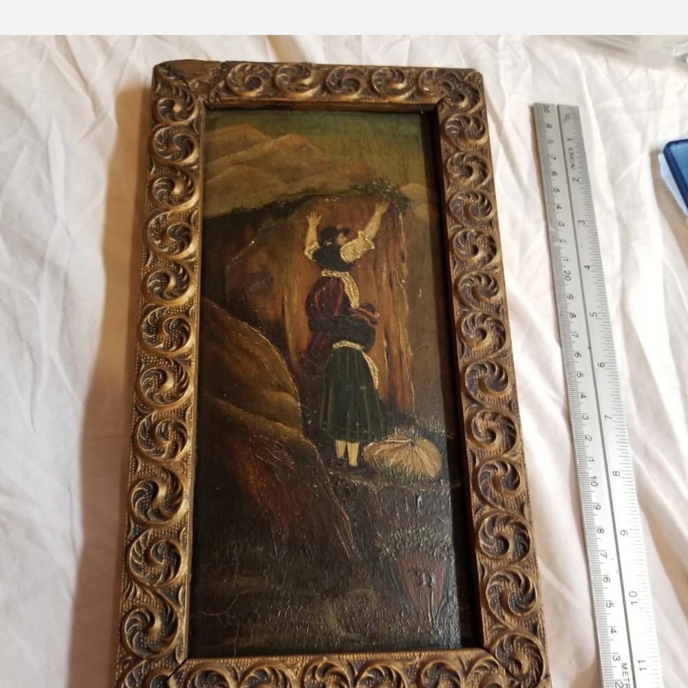 Antique oil painting of peasant women taking a shortcut in a field signed
